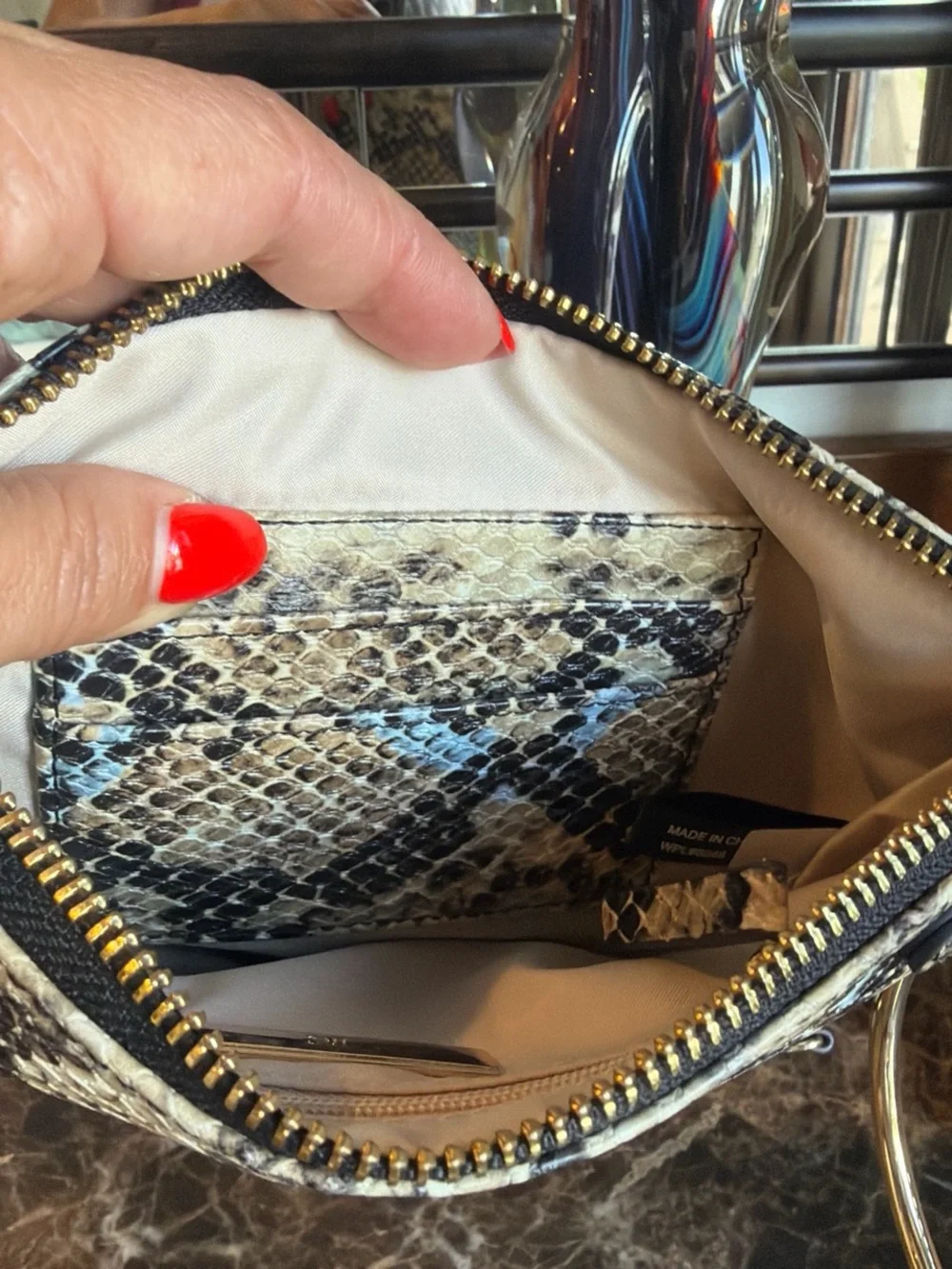 INC International Concepts Blue and Taupe Snake-Print Ring Handle Clutch
